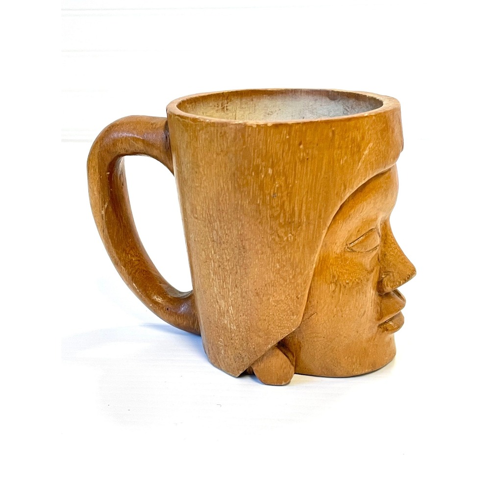 Vintage wood tiki mug- wooden‎ face mug